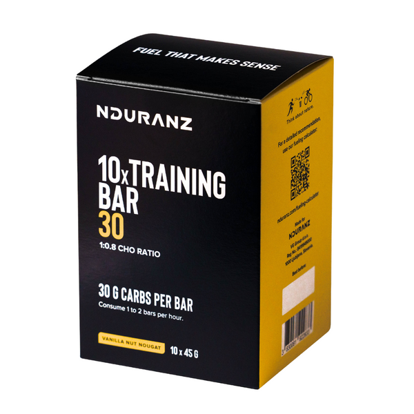 Training Bar by Nduranz – high-performance energy bar with 30g of carbohydrates, offering fast and slow-release energy, perfect for endurance athletes.