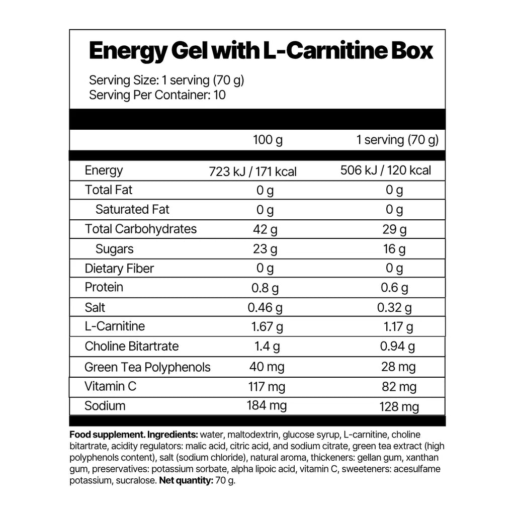 l carnitine gel Energy Gel with L-Carnitine. 10 x 60 ml. 22 grams of CHO per gel. Added L-carnitine and natural stimulants. Flavour Lemon-Green Tea