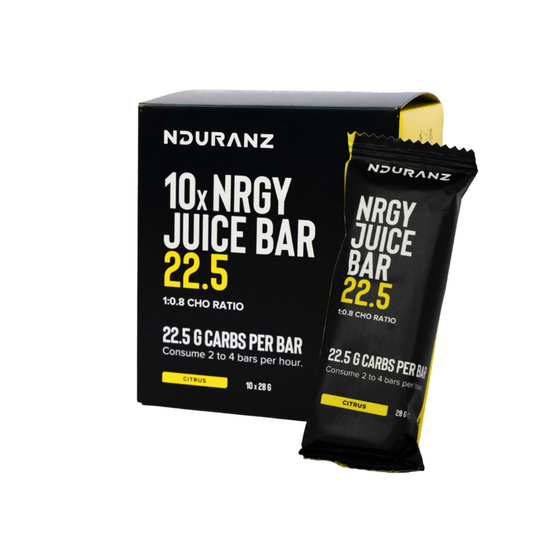 Nrgy Juice Bar 22.5g Box by Nduranz – quick energy boost with natural ingredients, 22.5g of carbs per bar, optimized for endurance athletes.