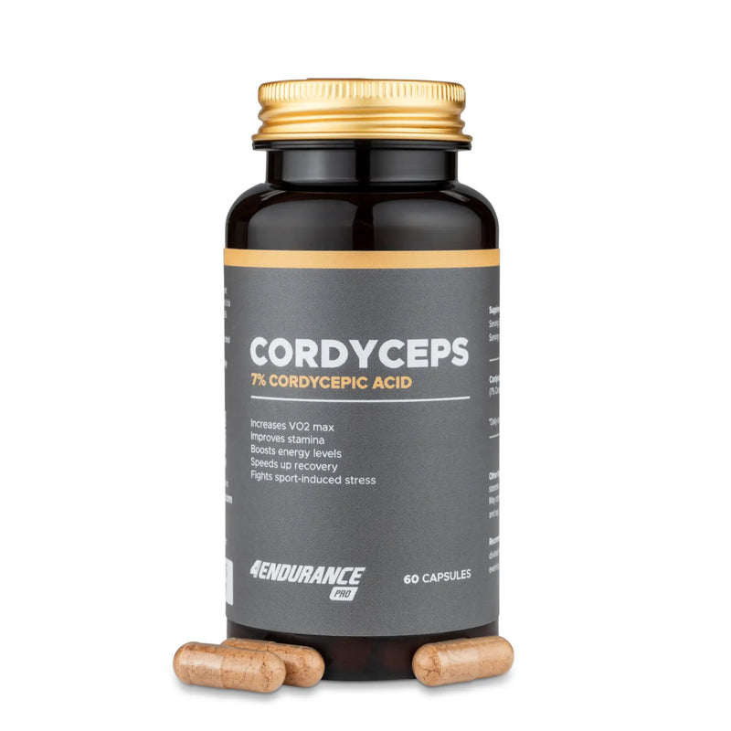 4Endurance Pro Cordyceps - 60 capsules, black bottle with gold cap and label showing stamina and energy benefits.