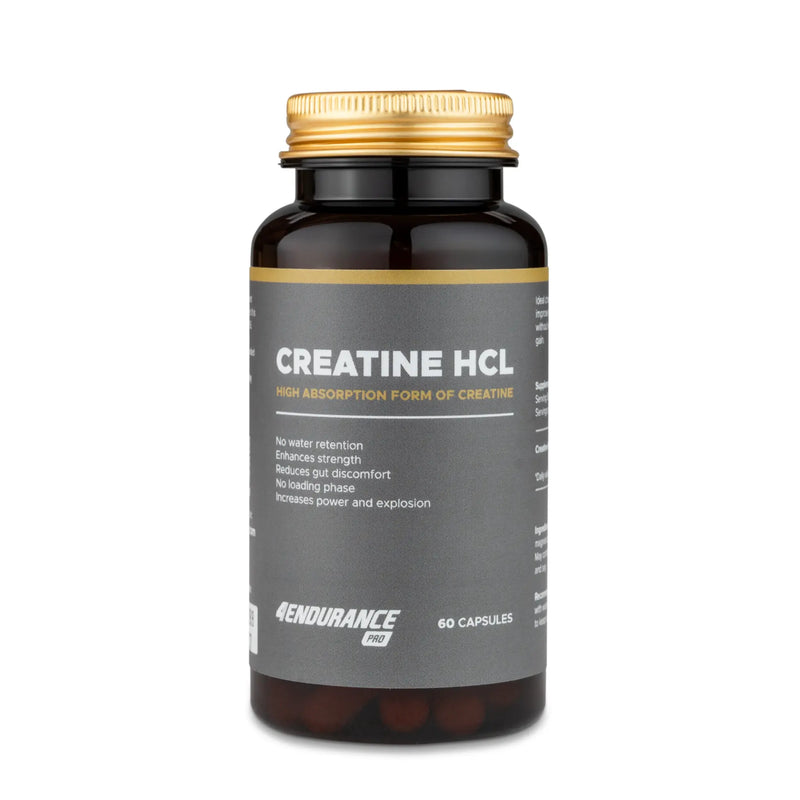 4Endurance Pro Creatine HCL - 60 capsules, dark brown bottle with gold cap, label showing key benefits, white background.