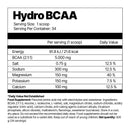 Nutritional label for Hydro BCAA supplement on a white background