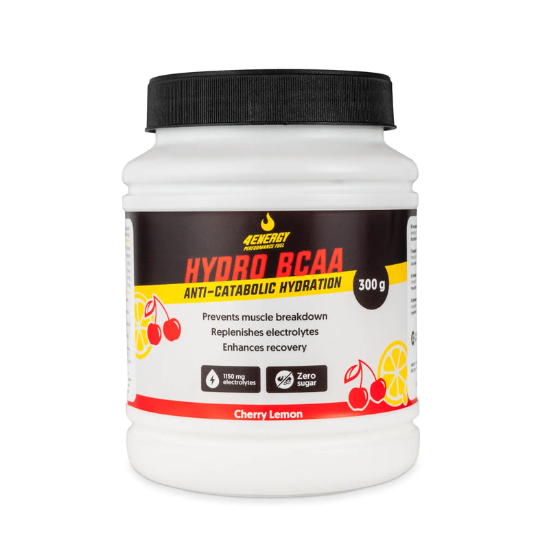 4Energy Hydro BCAA - 300 g lemon flavor, white container with black lid, cherry and lemon illustrations, muscle support text.