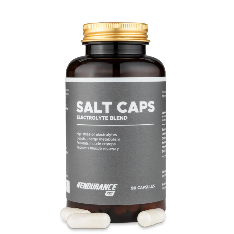 4Endurance Pro Salt Caps - 90 capsules pack, brown bottle with golden cap and gray label showing electrolyte blend benefits.
