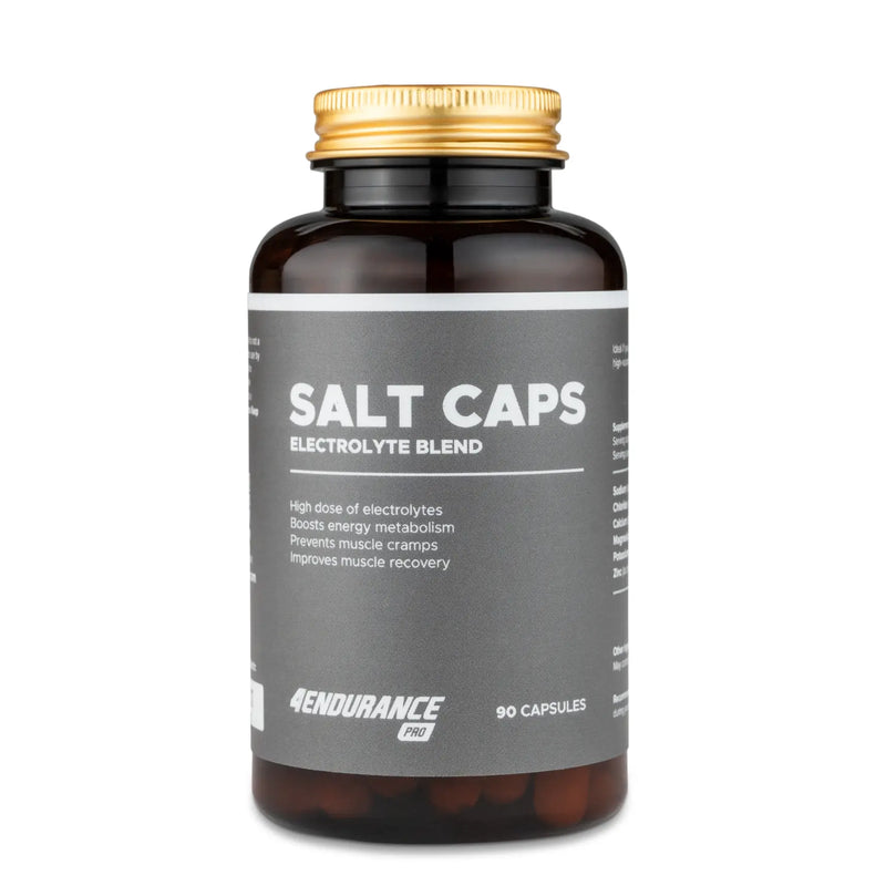 4Endurance Pro Salt Caps - 90 capsules pack, brown bottle with golden cap and gray label showing electrolyte blend benefits.