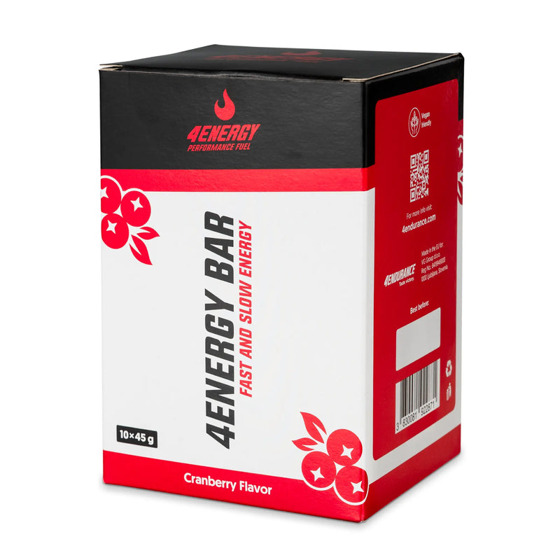 4Energy 4Energy Bar Box - 10 x 45 g cranberry flavor, red and black packaging with cranberry illustrations, barcode, and QR code.
