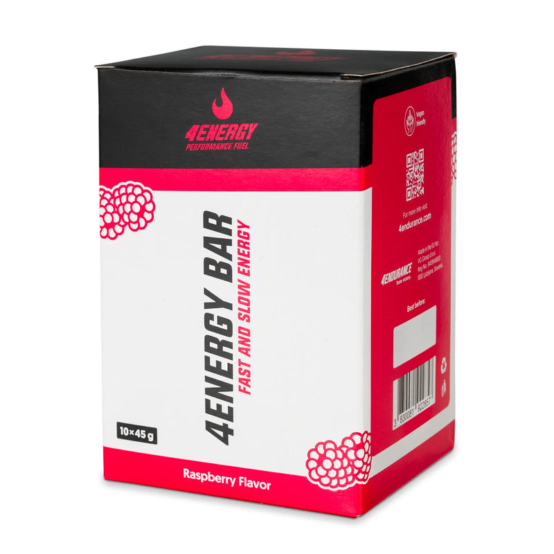 4Energy 4Energy Bar Box - 10 x 45g raspberry flavor, red and black packaging with raspberry illustrations on white background.