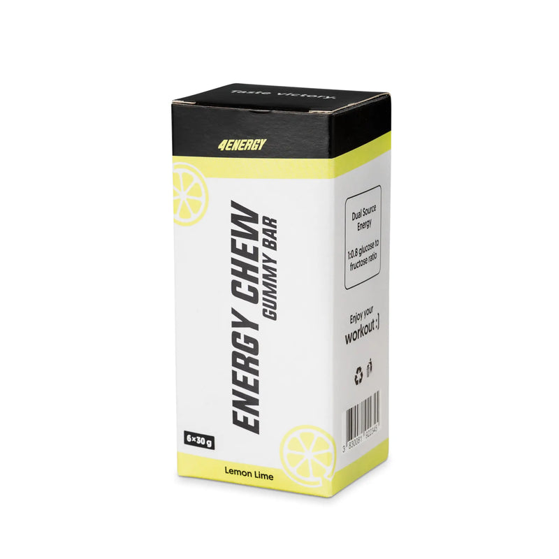 4Energy Energy Chew Box - 6 x 30g lemon lime flavor, translucent yellow segmented gummy bar with lemon packaging on white background.