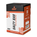 4Energy Salty Bar Box - 10 x 45 g chocolate caramel flavor, black, white, and orange packaging with cocoa pod illustration and QR code.