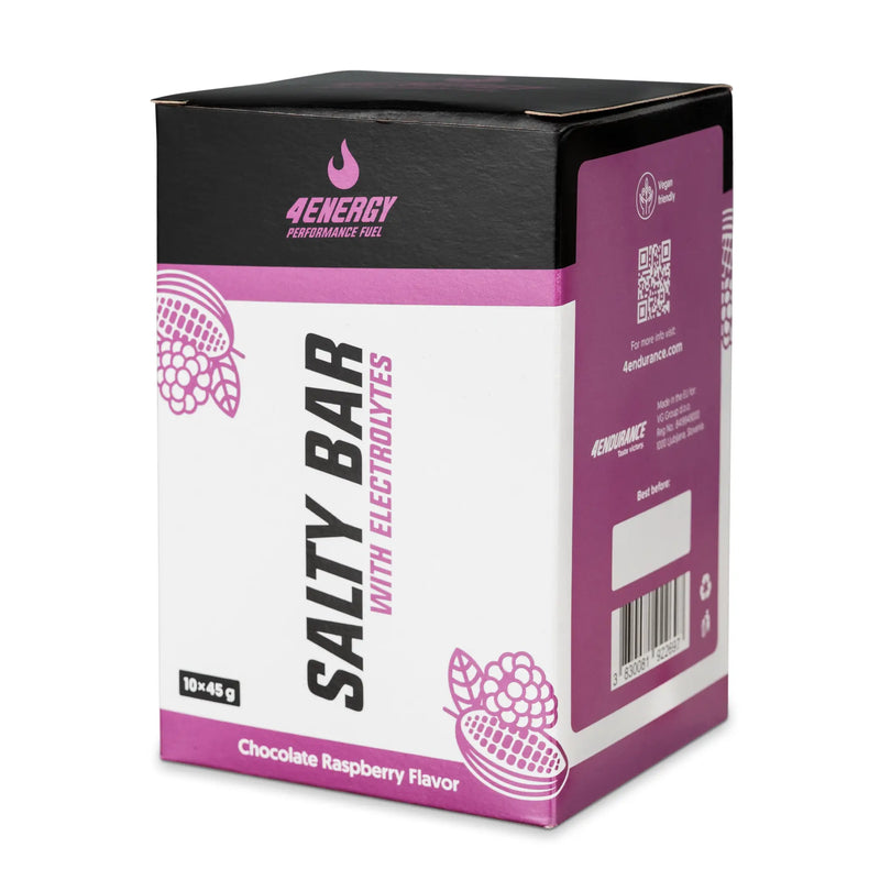 4Energy Salty Bar Box - 10 x 45g chocolate raspberry flavor, purple and black packaging with electrolyte branding on white background.