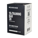 Nduranz Training Bar 30 Box - 10 x 45g white chocolate cinnamon flavor, black and white box with QR code and sports icons.