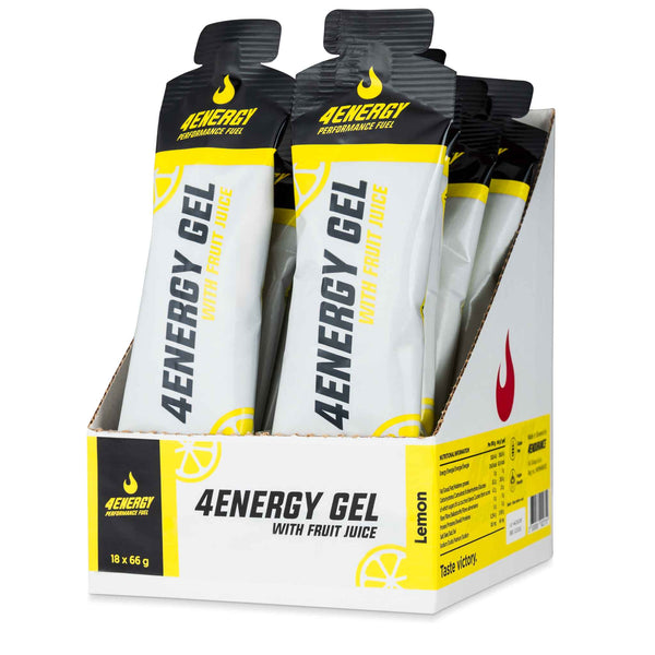 4Energy 4Energy Gel Box - 18 x 66 g lemon flavor, box of black and yellow gel packets with lemon illustration on white background.