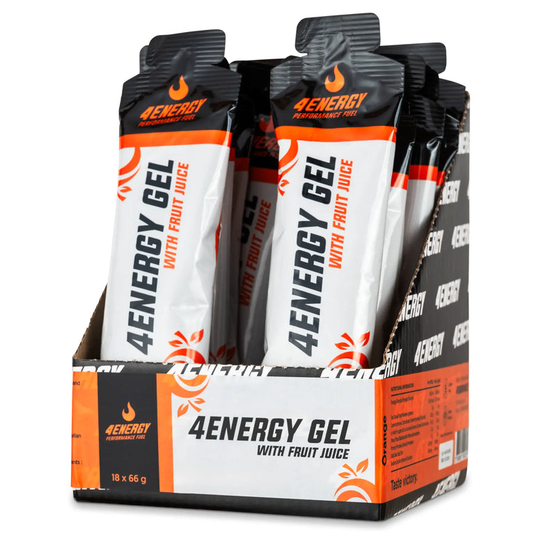 4Energy 4Energy Gel Box - 18 x 66g orange flavor, open box of orange and black energy gel packets with sunburst and leaf design.