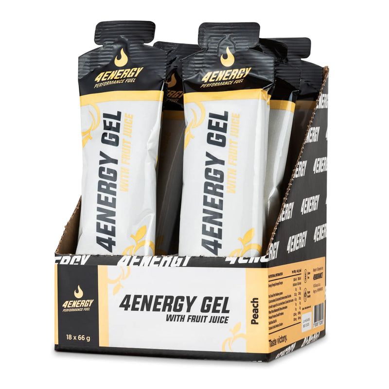 4Energy 4Energy Gel Box - 18 x 66 g peach flavor, open box of black and yellow energy gel packets with peach illustration.