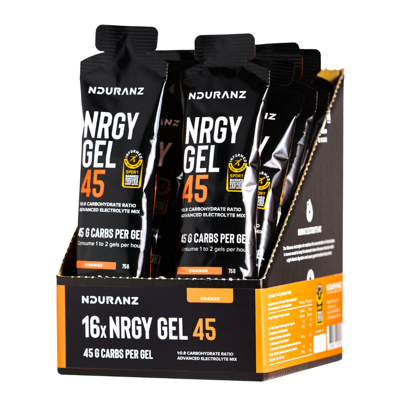 Nduranz Nrgy Gel 45, featuring 45 g of carbohydrates, an optimal 1:0.8 glucose-to-fructose ratio, and advanced electrolytes for top-level endurance performance and muscle cramp prevention.