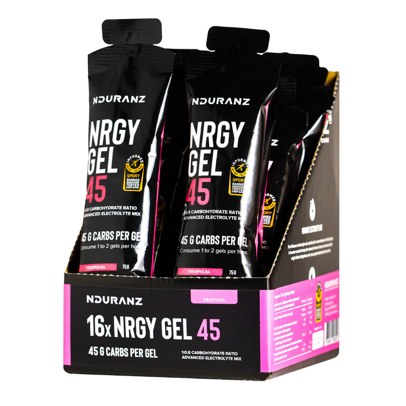 Nduranz Nrgy Gel 45, featuring 45 g of carbohydrates, an optimal 1:0.8 glucose-to-fructose ratio, and advanced electrolytes for top-level endurance performance and muscle cramp prevention.