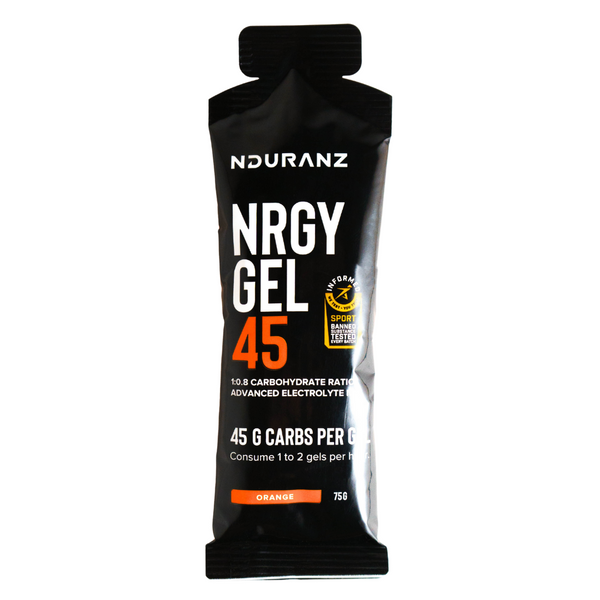 Nduranz Nrgy Gel 45, featuring 45 g of carbohydrates, an optimal 1:0.8 glucose-to-fructose ratio, and advanced electrolytes for top-level endurance performance and muscle cramp prevention.