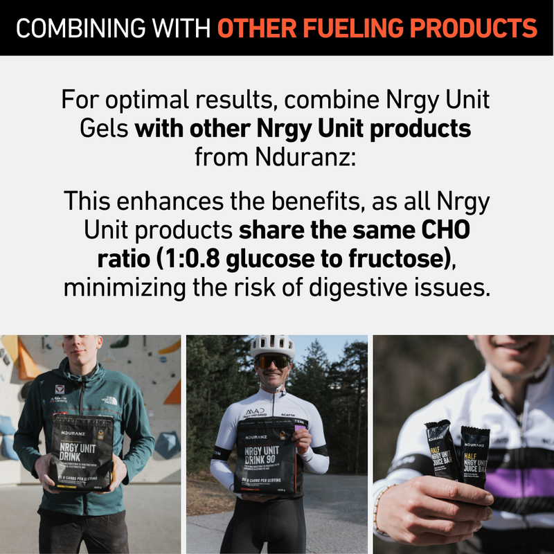 Nduranz Nrgy Gel 45, featuring 45 g of carbohydrates, an optimal 1:0.8 glucose-to-fructose ratio, and advanced electrolytes for top-level endurance performance and muscle cramp prevention.