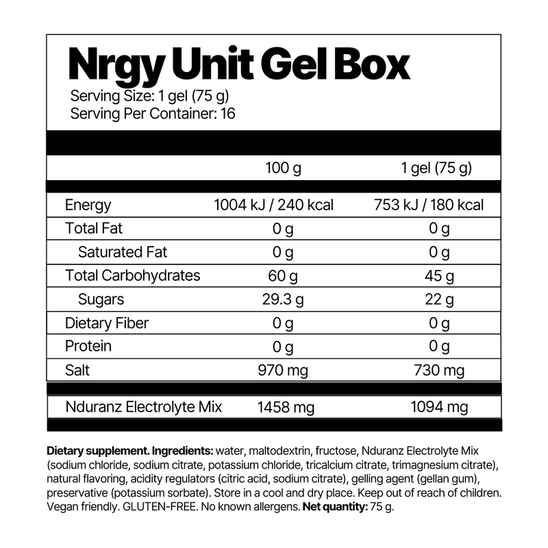 Nduranz Nrgy Gel 45, featuring 45 g of carbohydrates, an optimal 1:0.8 glucose-to-fructose ratio, and advanced electrolytes for top-level endurance performance and muscle cramp prevention.