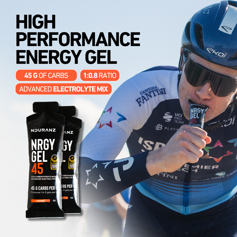 Nduranz Nrgy Gel 45, featuring 45 g of carbohydrates, an optimal 1:0.8 glucose-to-fructose ratio, and advanced electrolytes for top-level endurance performance and muscle cramp prevention.