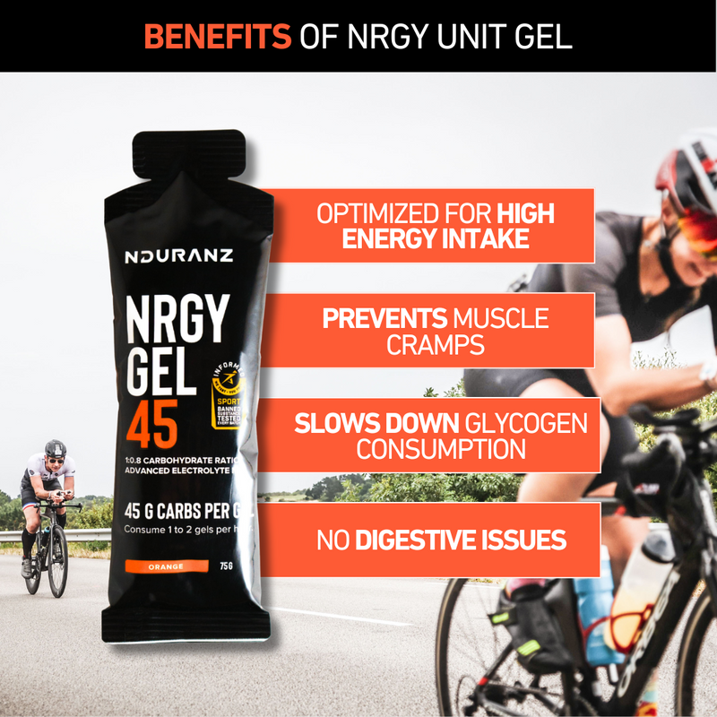 Nduranz Nrgy Gel 45, featuring 45 g of carbohydrates, an optimal 1:0.8 glucose-to-fructose ratio, and advanced electrolytes for top-level endurance performance and muscle cramp prevention.