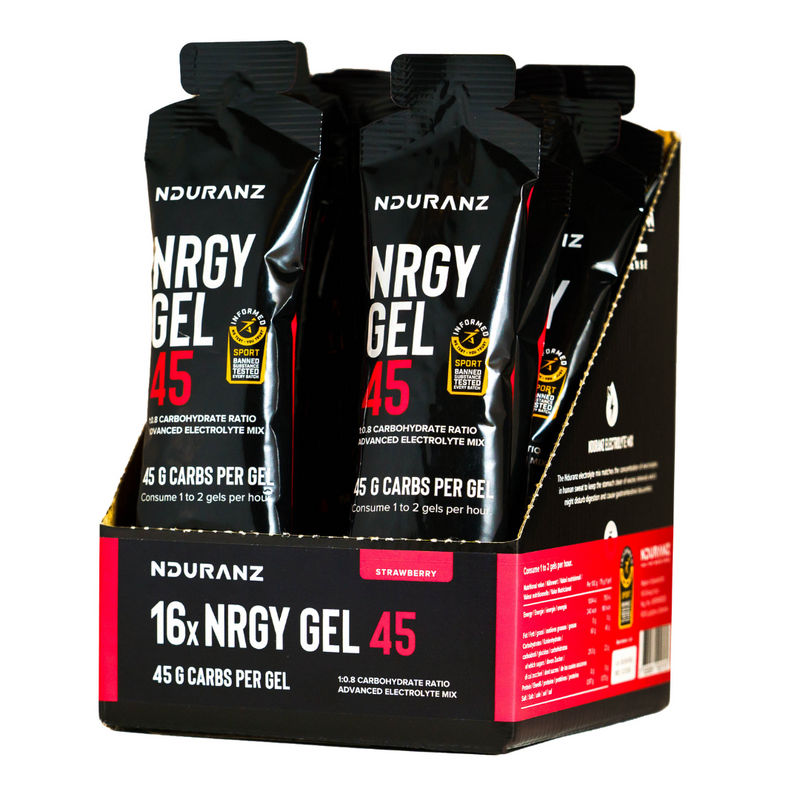 Nduranz Nrgy Gel 45, featuring 45 g of carbohydrates, an optimal 1:0.8 glucose-to-fructose ratio, and advanced electrolytes for top-level endurance performance and muscle cramp prevention.