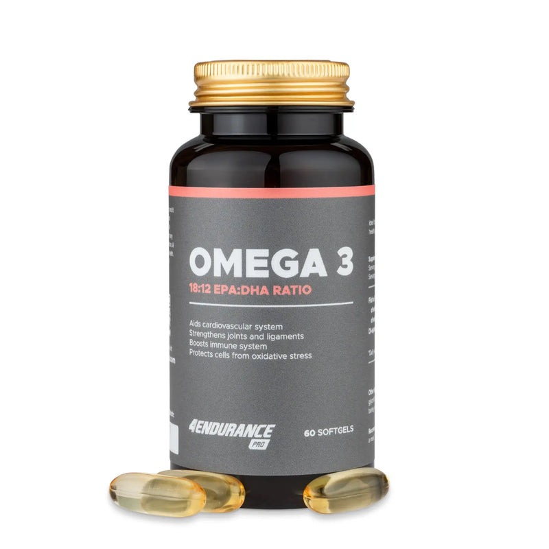 4Endurance Pro Omega-3 - 60 softgels, dark brown bottle with yellow cap and orange-white label on white background.