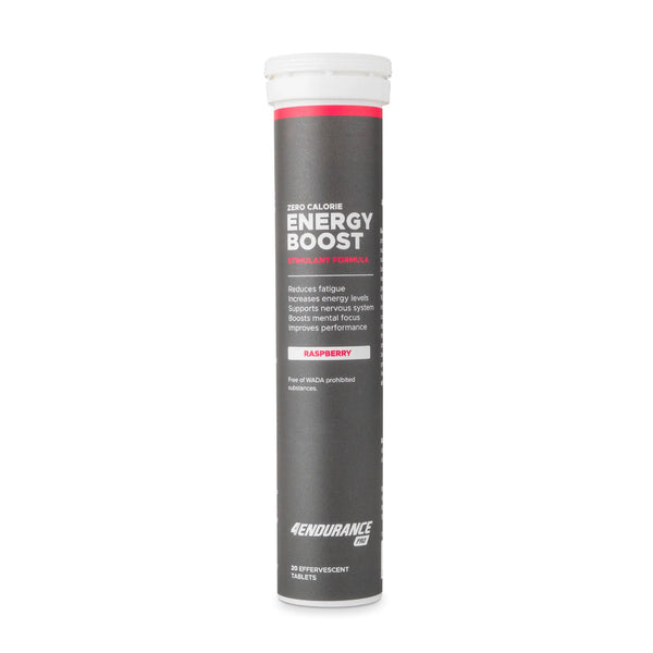 4Endurance Pro Energy Boost - 20 effervescent tablets raspberry flavor, black tube with white and red text on white background.