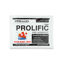 PES Single serving prolific - 7 g Melon Berry Twist flavor, pre-workout powder packet on white background with fruit illustration.