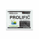 PES Single serving prolific - 7 g Sour Green Apple flavor, packet with green apple splash, PEScience logo, benefits text on white.