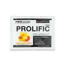 PES Single Serving Prolific - 7 g sour peach candy flavor, packet of pre-workout powder with scoop size on white background.