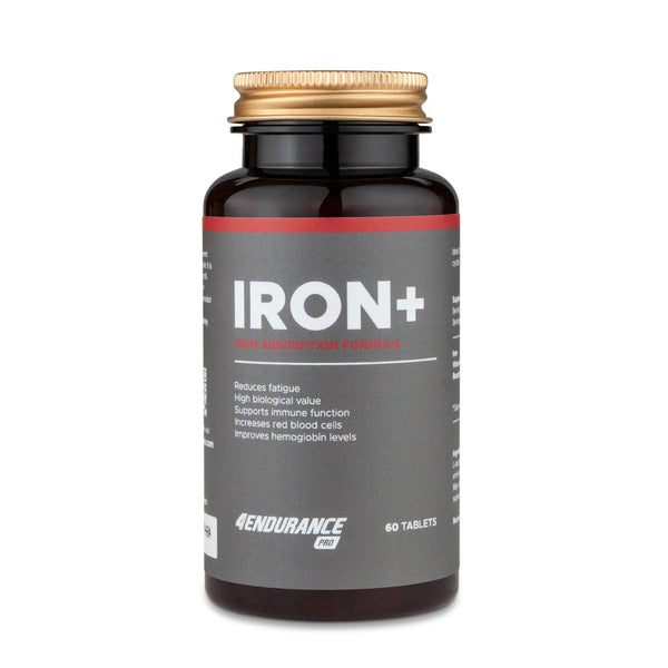 4Endurance Pro Iron+ - 60 capsules, black bottle with gold cap and red label band, supports immune function and reduces fatigue.
