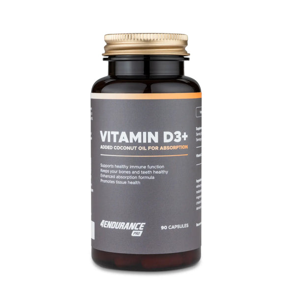 4Endurance Pro Vitamin D3+ - 90 capsules, plastic dark amber bottle with golden cap, gray label showing supplement benefits.